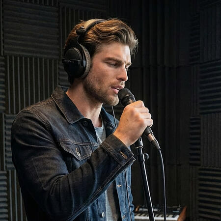 Image of Veyron Jaxx recording vocals in a studio sound booth