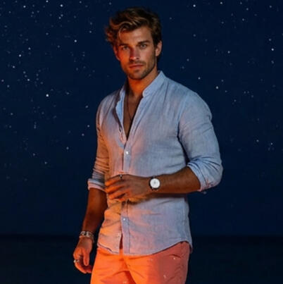 Image of Veyron Jaxx relaxing at the beach at night with a sky full of stars in the background